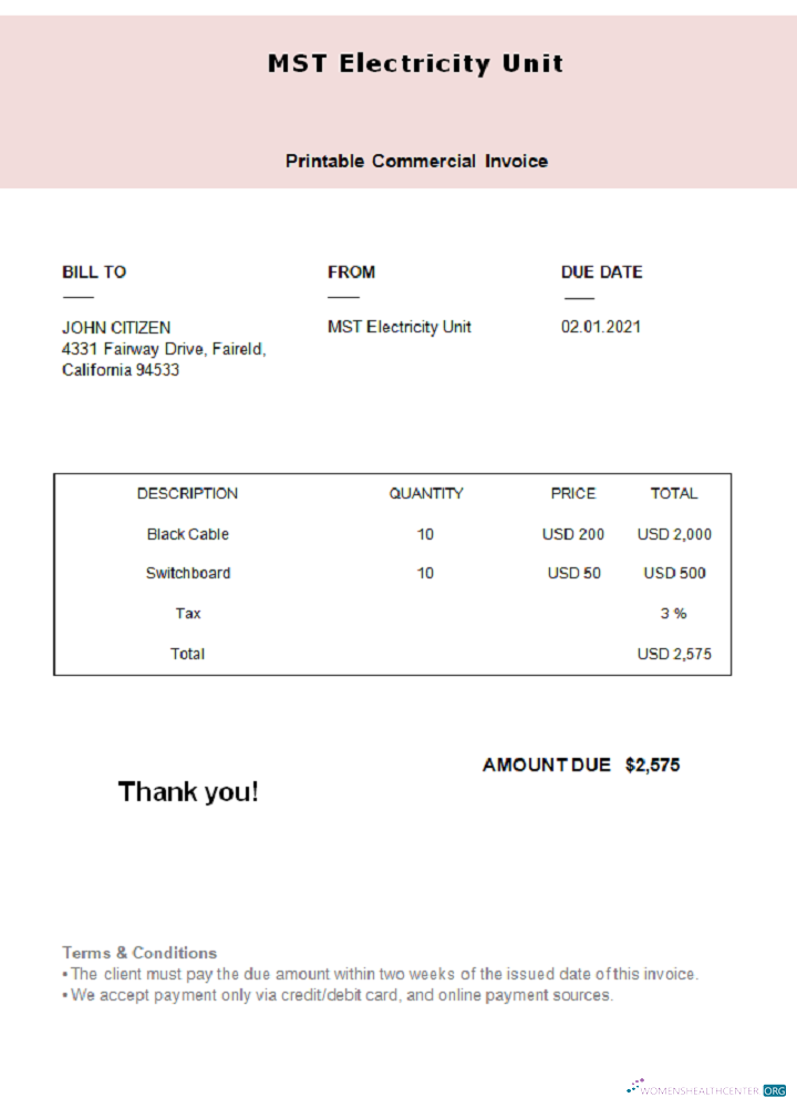 Download USA MST Electricity Unit invoice Photoshop template